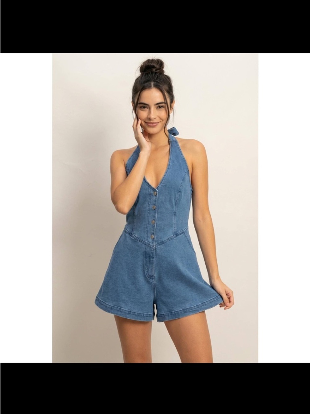 Sleeveless Denim Halter Romper in Light Blue
